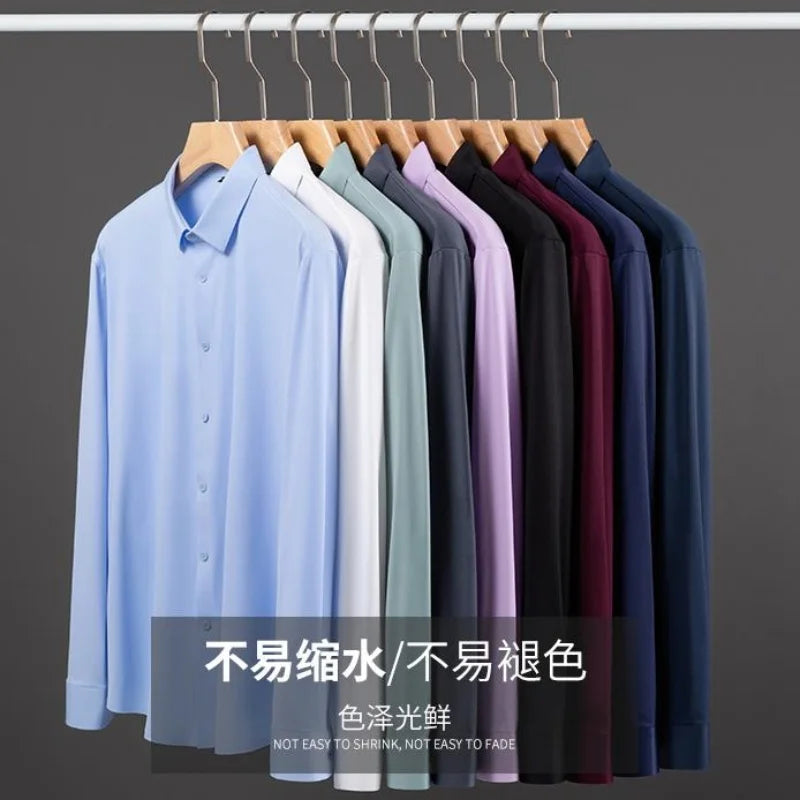 High Stretch Anti-Wrinkle Men's Shirts Long Sleeve Dress Shirts High Quality Men Slim Fit Social Business Blouse Shirt S-4XL